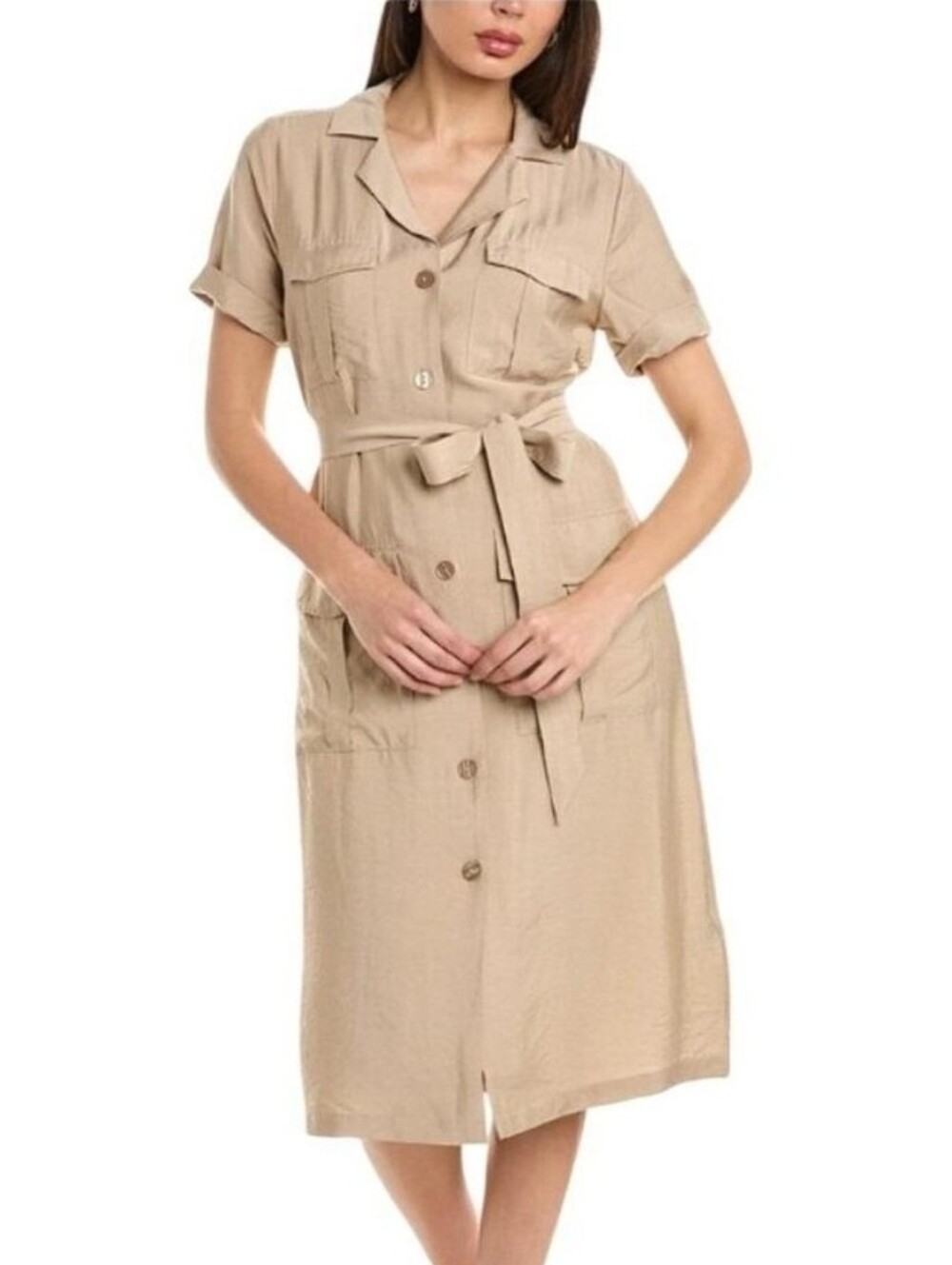 Ellen Tracy Tan Short-Sleeve Belted Midi Shirt Dress